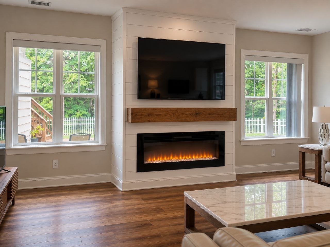 Shiplap fireplace feature wall with wood mantle in Charlotte, NC by Fast Fix Charlotte